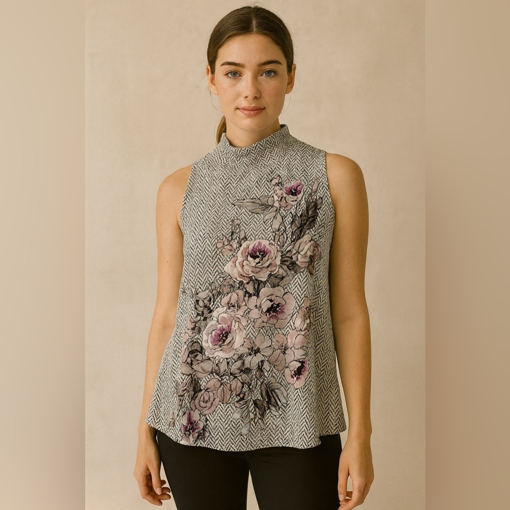 White House Black Market 100% Silk Blouse Floral Herringbone Black White Size M